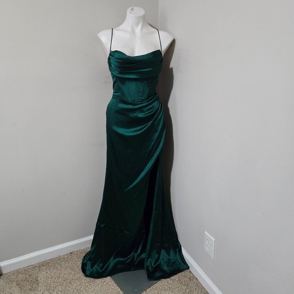 11 (fits ~8-10) GB (Gianni Bini) Emerald Green Satin Bustier Split Thigh Gown - Picture 3 of 12